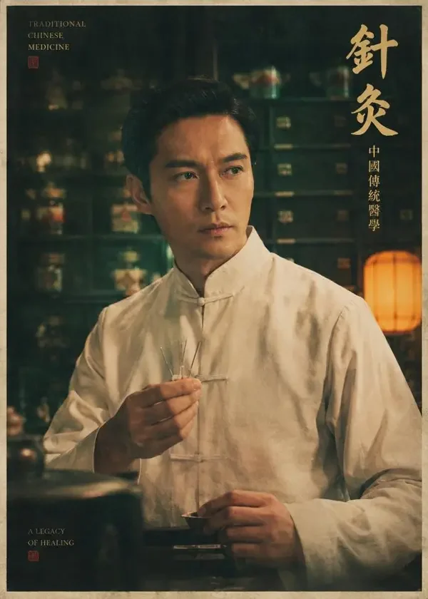 短剧《豪门医婿：银针逆天改命》复古胶片海报，墨绿药柜前的年轻中医