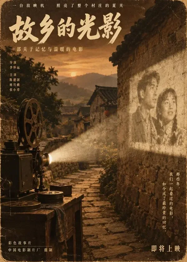 短剧《最后一场胶片电影》复古胶片海报，老影院放映机光束下的观影剪影