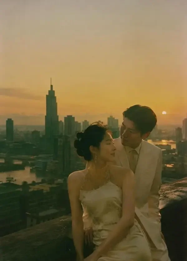 短剧《肩上星辰：宠妻总裁的第二次告白》复古胶片海报，暮色屋顶上的情侣身影